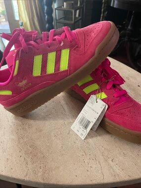 adidas women Suede Low-Top Sneakers in Hot Pink & Neon Yellow
